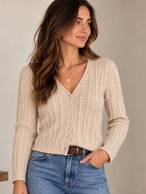 RÊVE DU CHAT Made In Italy Cream Extra Fine Merino Wool Cable Knit Sweater Small